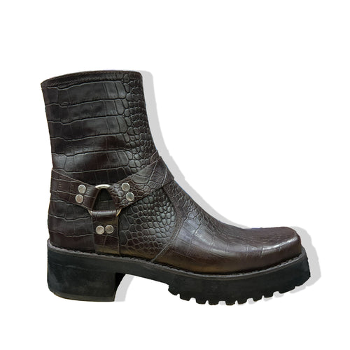 Artisan Brown Croc Harness Handmade Leather Boots