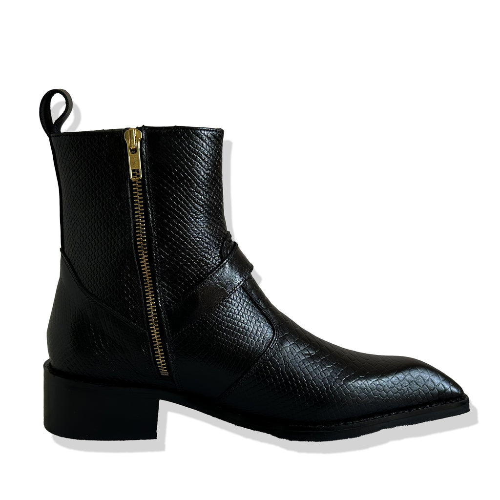 Royal Black Python Buckle Leather Chelsea Boots