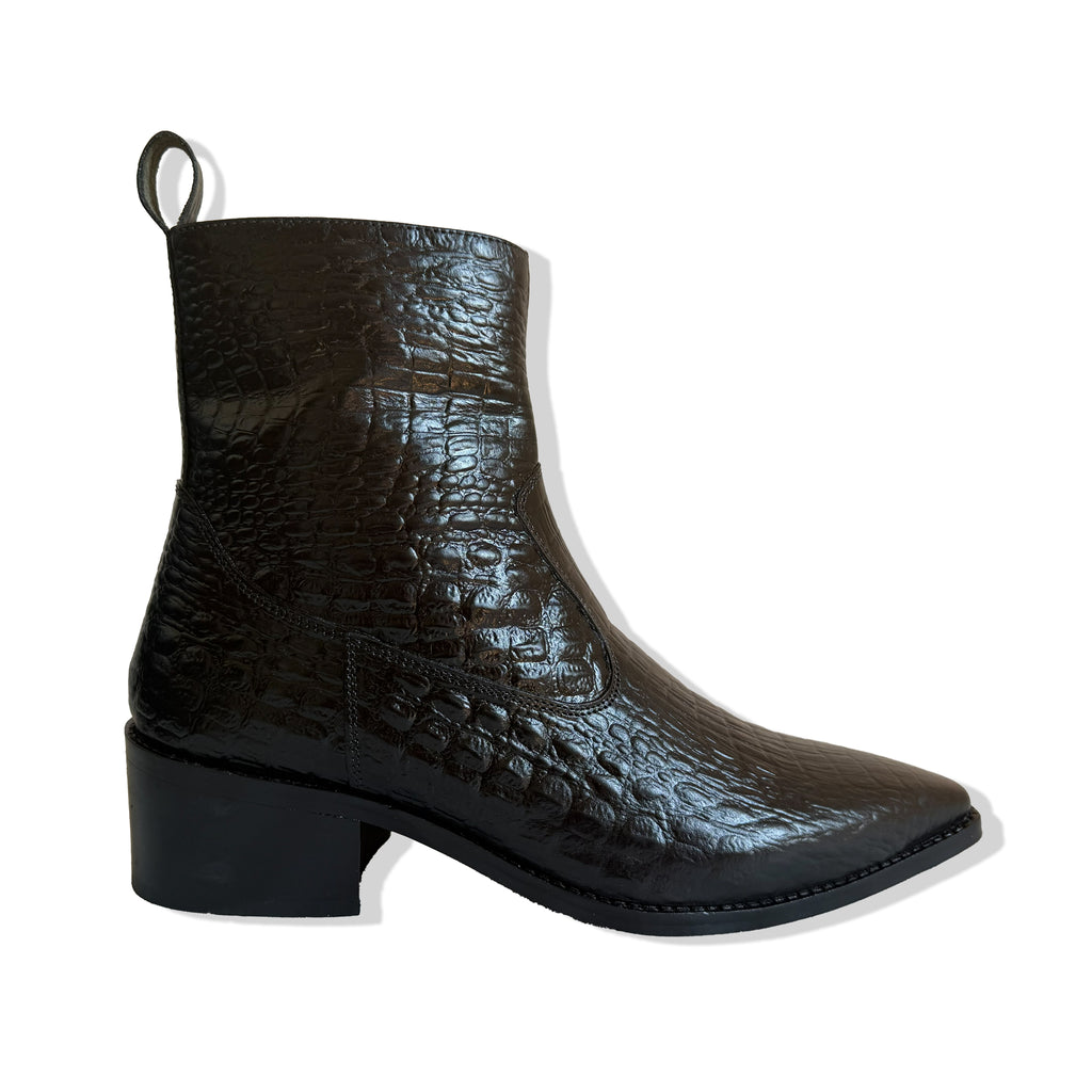 Royal Black Croc Leather Cowboy Chelsea Boots