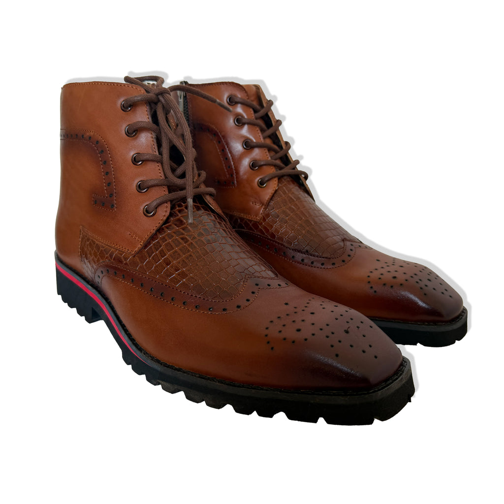 Heritage Tan Croc-Texture Hybrid Brogue Boots