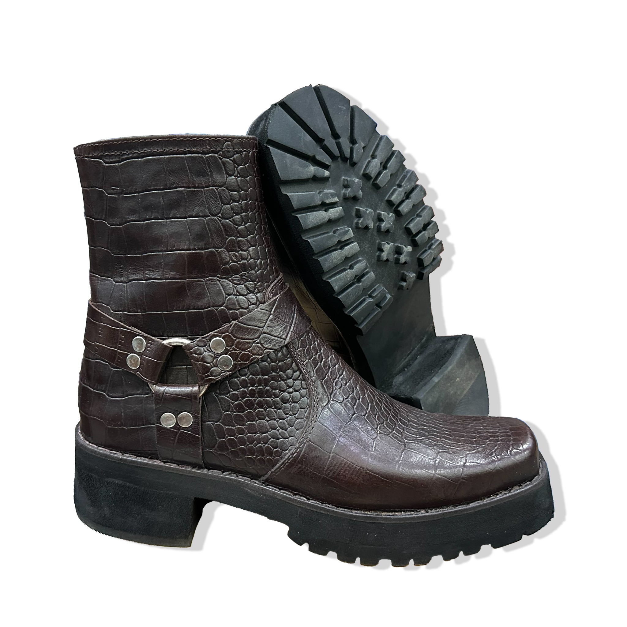 Artisan Brown Croc Harness Handmade Leather Boots