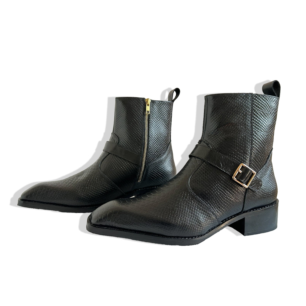 Royal Black Python Buckle Leather Chelsea Boots