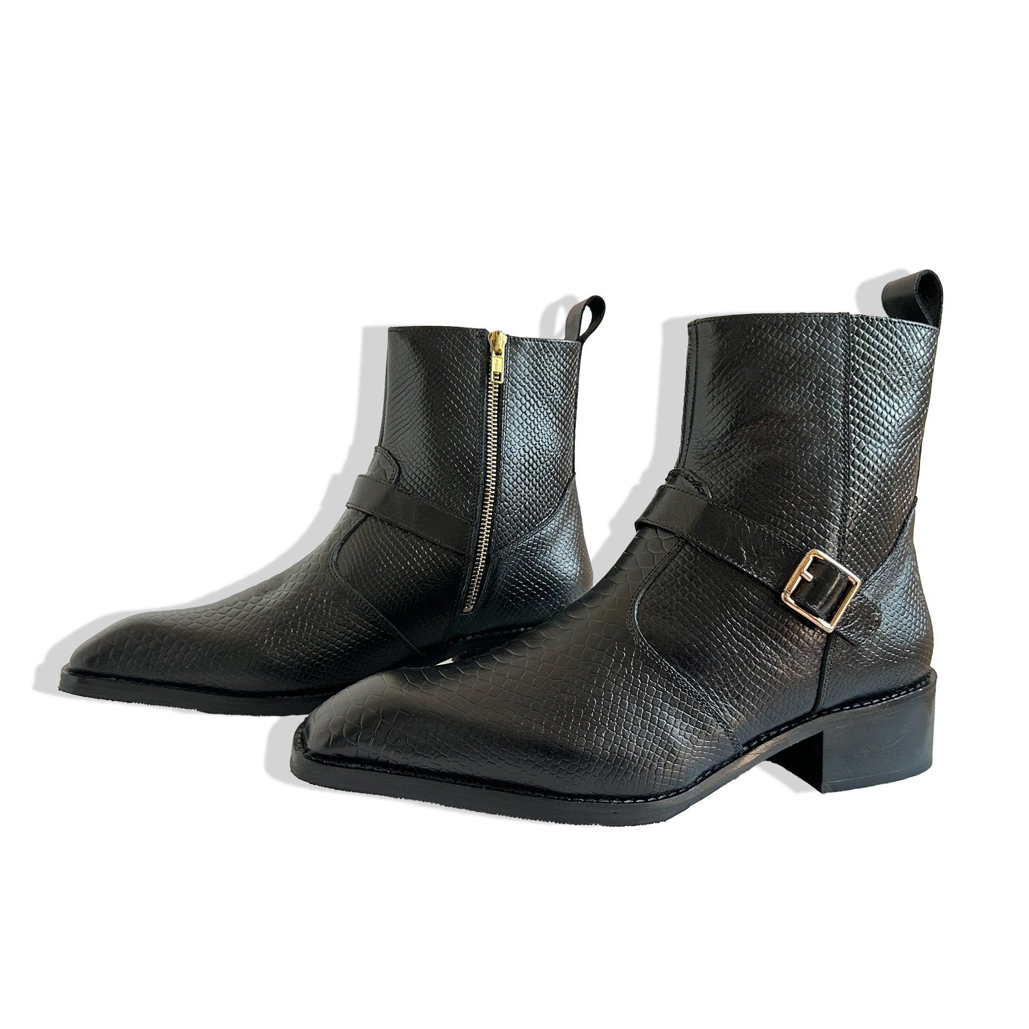 Royal Black Python Buckle Leather Chelsea Boots