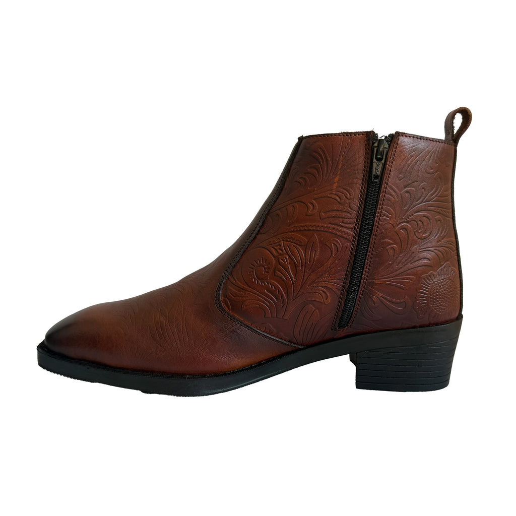 Heritage Tan Embossed Floral Leather Chelsea Boots