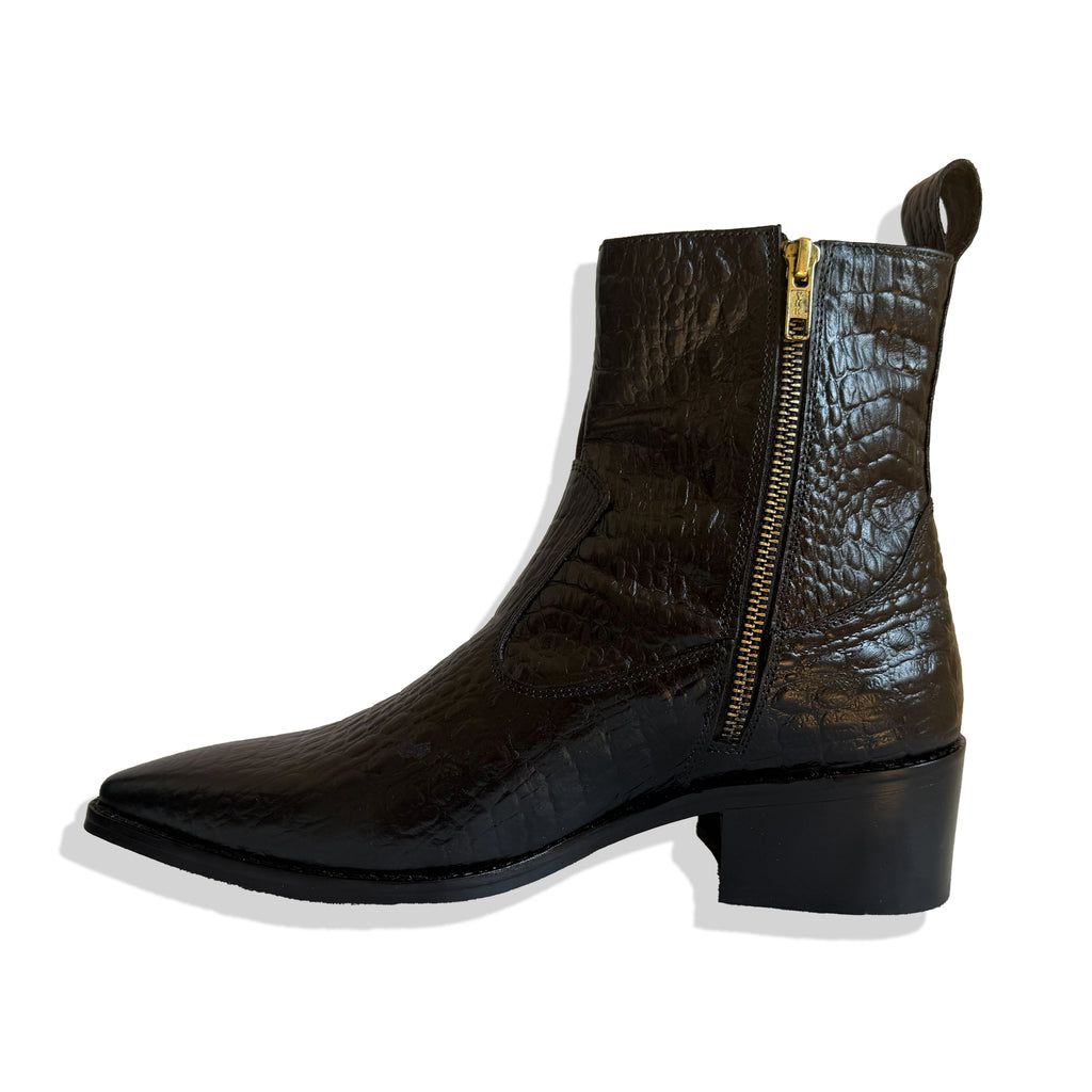 Royal Black Croc Leather Cowboy Chelsea Boots