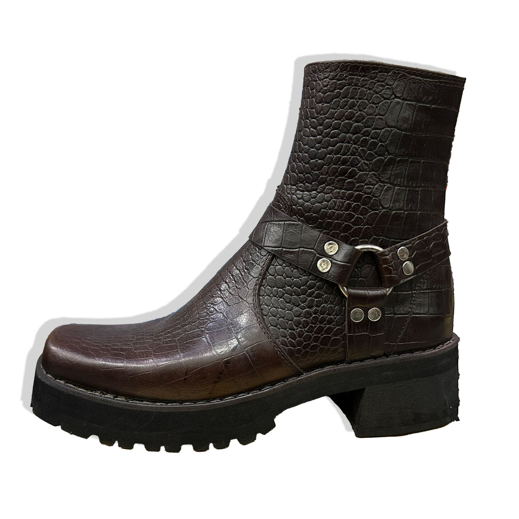 Artisan Brown Croc Harness Handmade Leather Boots