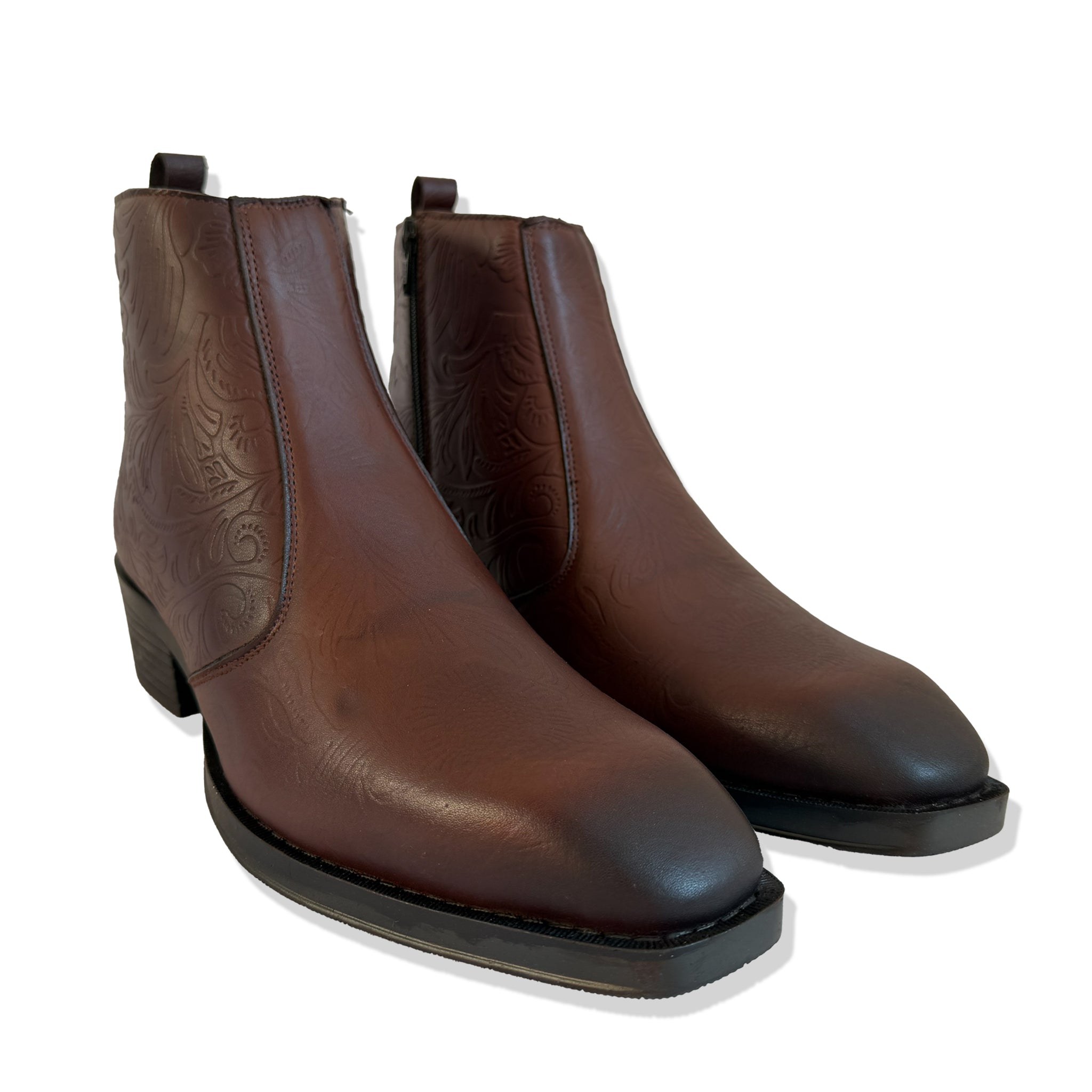 Heritage Tan Embossed Floral Leather Chelsea Boots