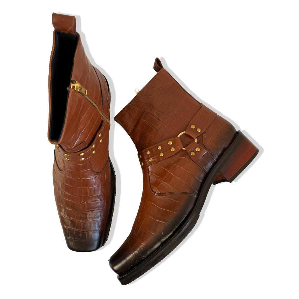 Imperial Tan Croc Harness Leather Chelsea Boots