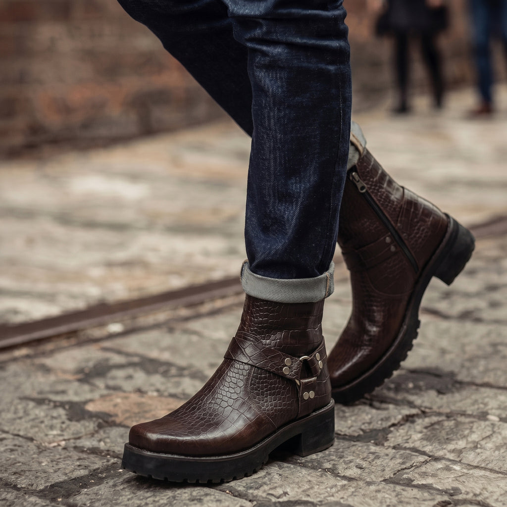Artisan Brown Croc Harness Handmade Leather Boots