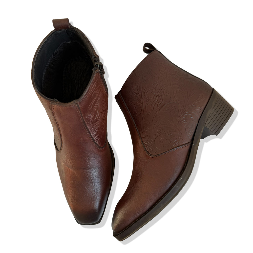 Heritage Tan Embossed Floral Leather Chelsea Boots