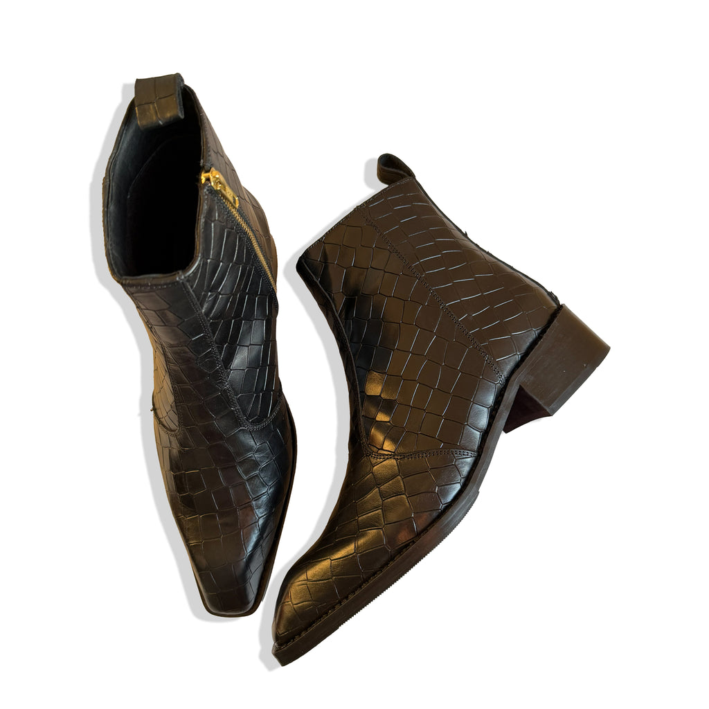 Royal Black Croc Leather Chelsea Boots