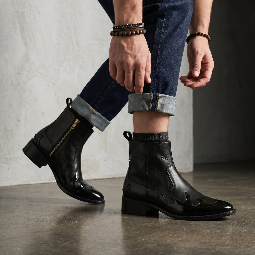 Phantom Black Flame Leather Chelsea Boots