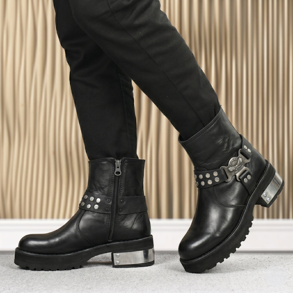 Artisan Black Biker Harness Handmade Leather Boots