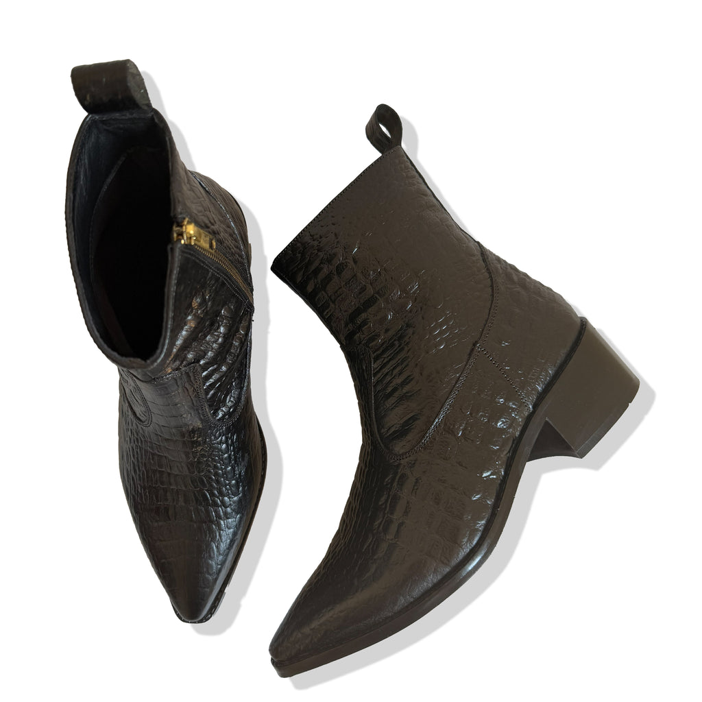 Royal Black Croc Leather Cowboy Chelsea Boots