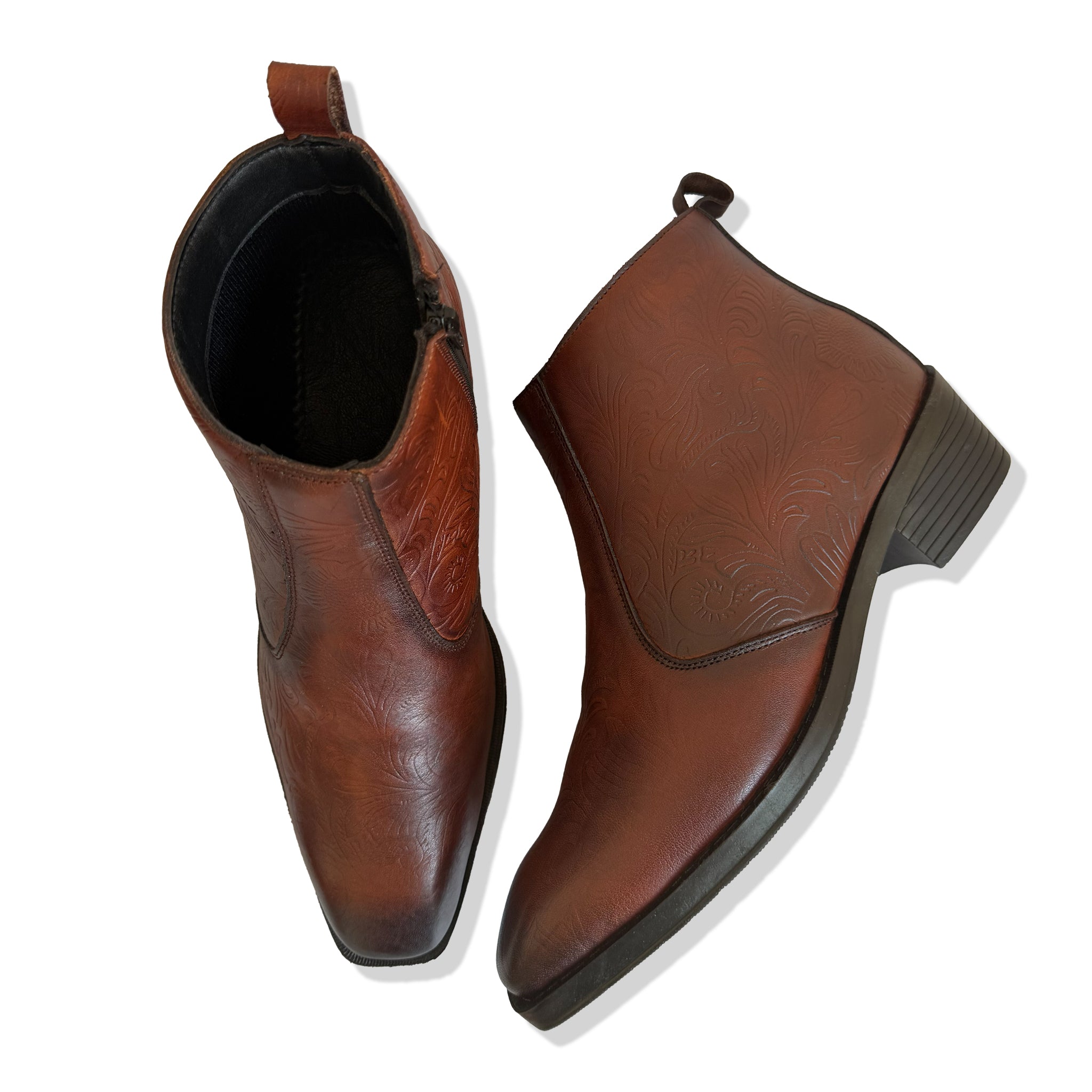 Heritage Tan Embossed Floral Leather Chelsea Boots