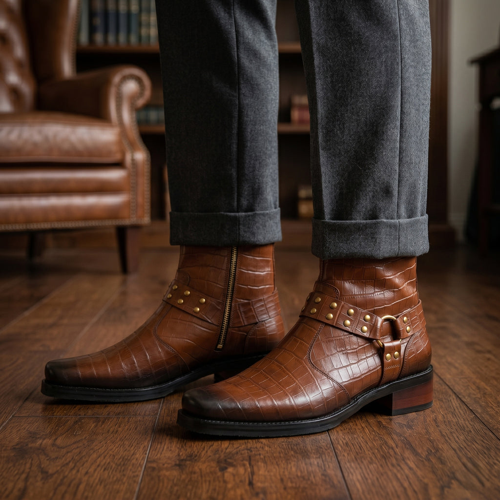 Imperial Tan Croc Harness Leather Chelsea Boots