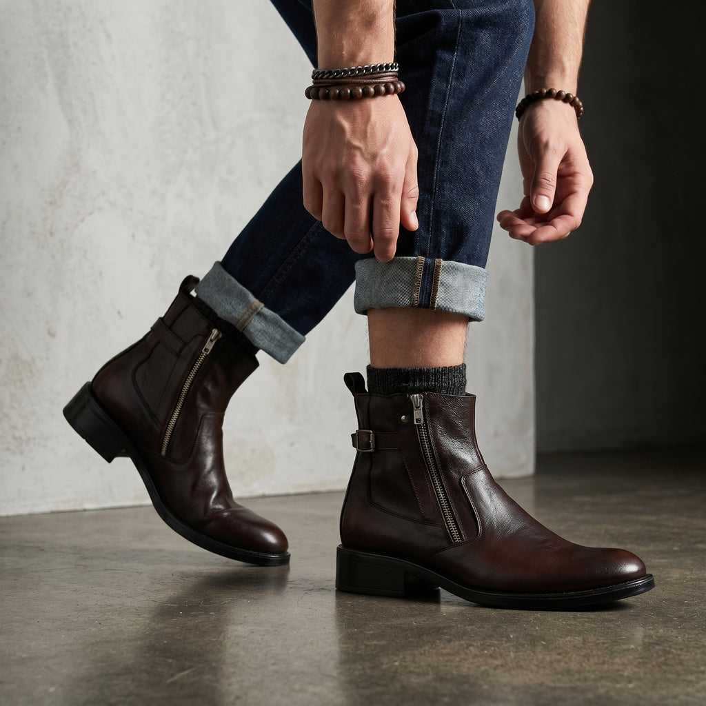 Rebel Dark Brown Dual-Zip Leather Chelsea Boots