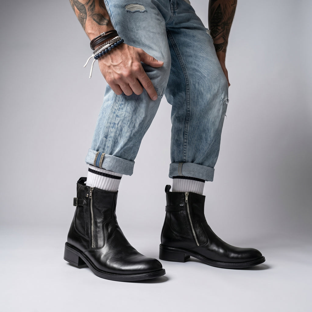 Rebel Black Dual-Zip Leather Chelsea Boots