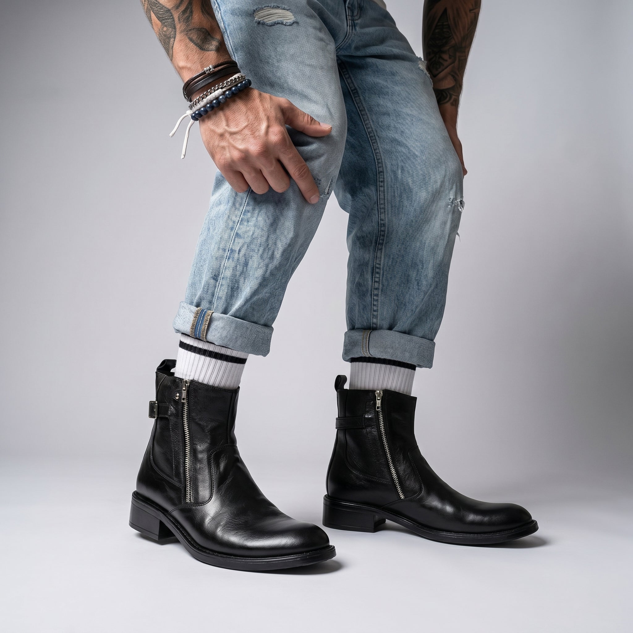 Rebel Black Dual-Zip Leather Chelsea Boots