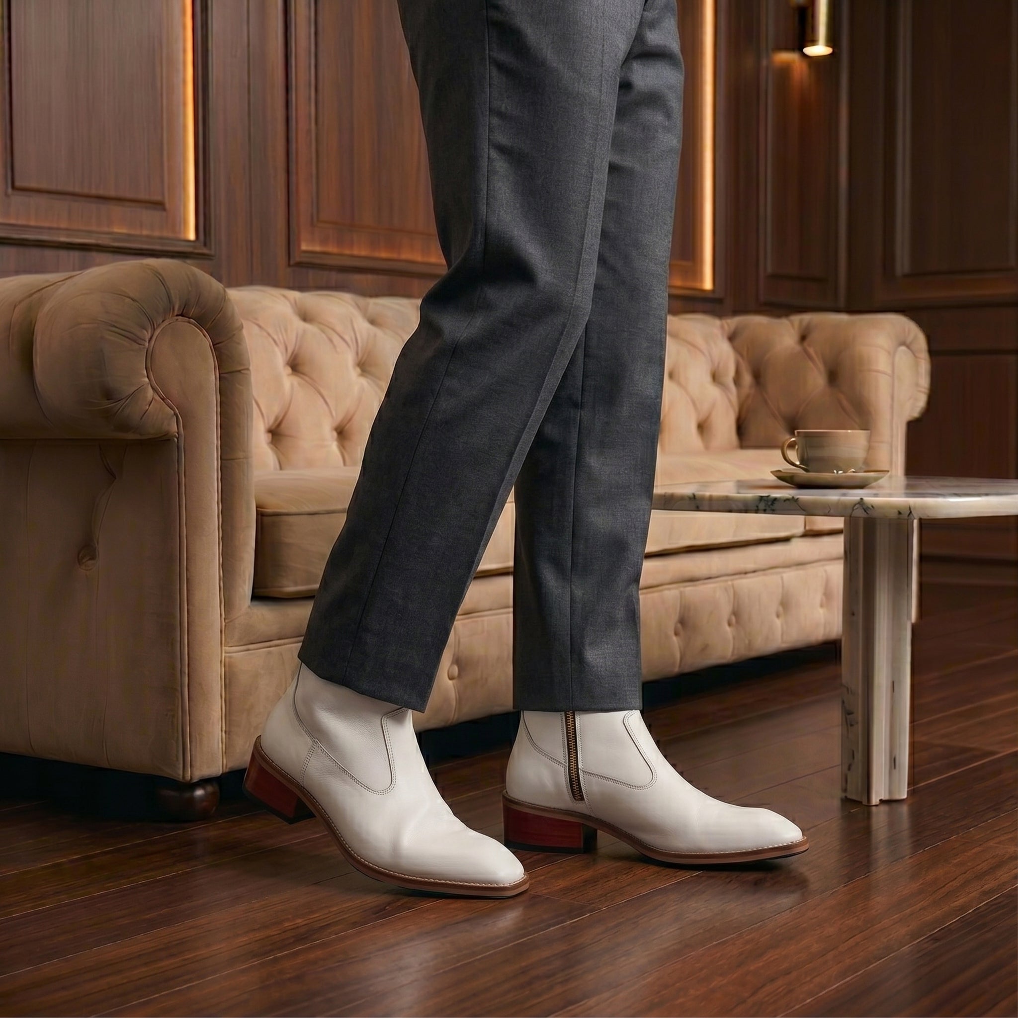 Prestige Off-White Leather Cuban Heel Chelsea Boots