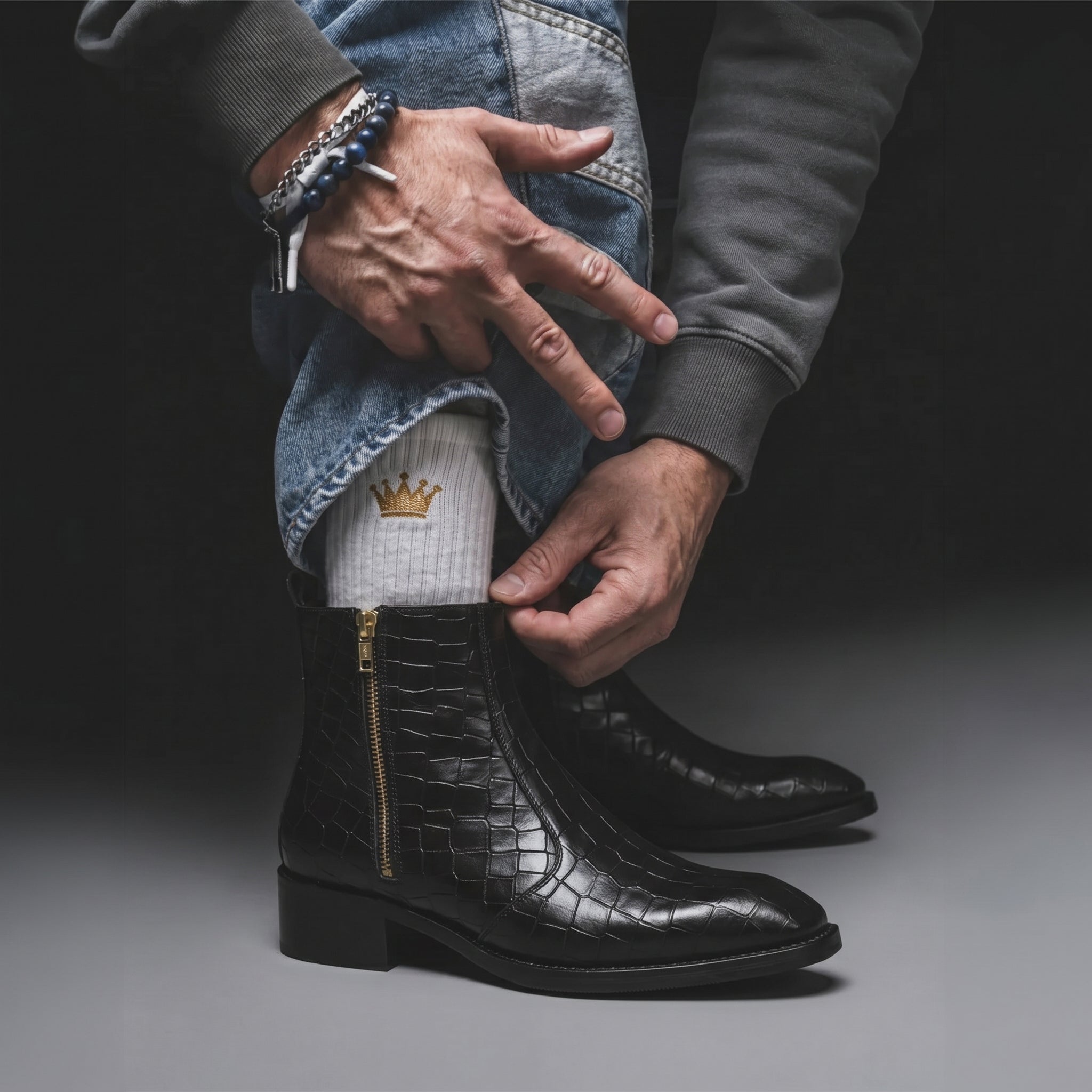Royal Black Croc Leather Chelsea Boots