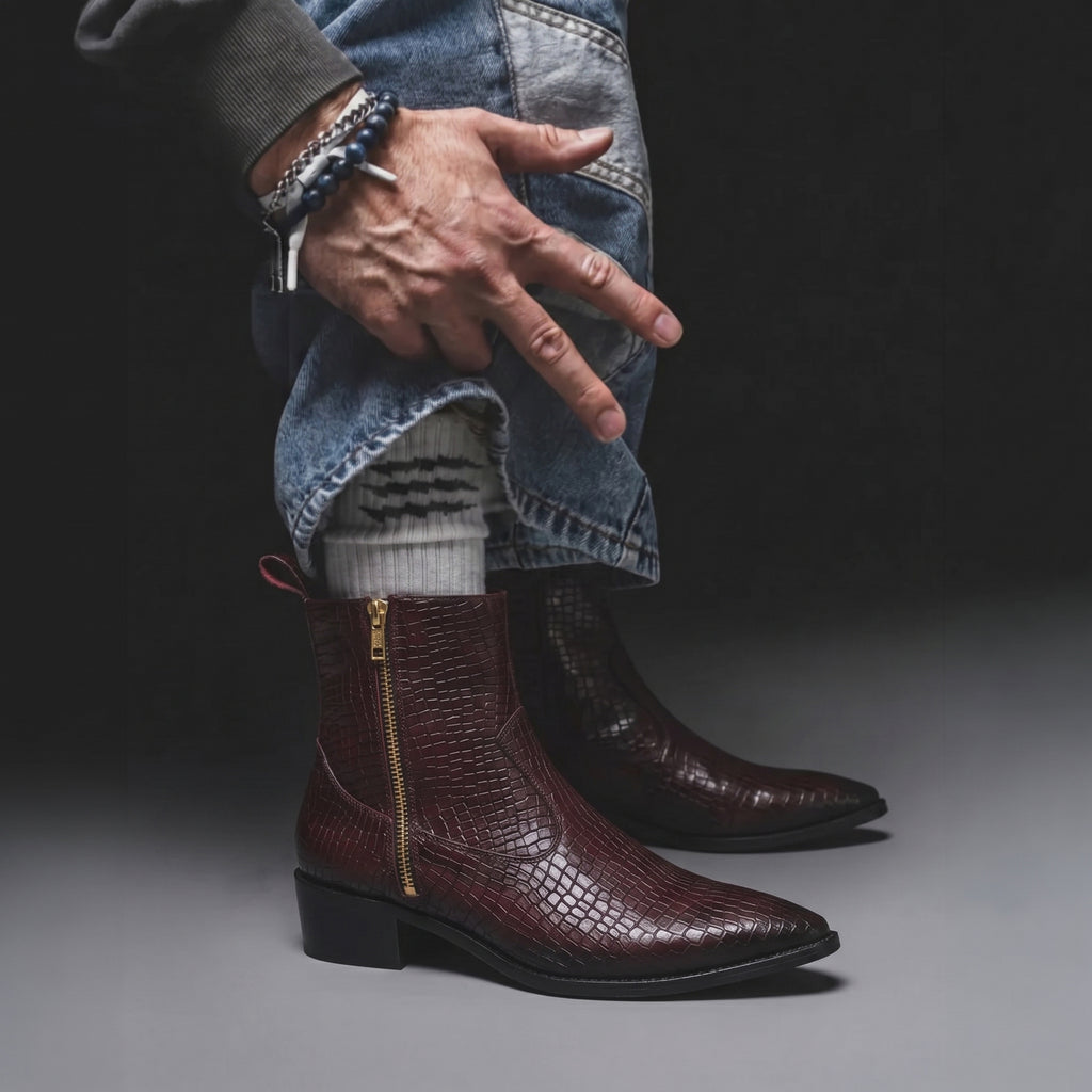 Royal Burgundy Croc Leather Chelsea Boots