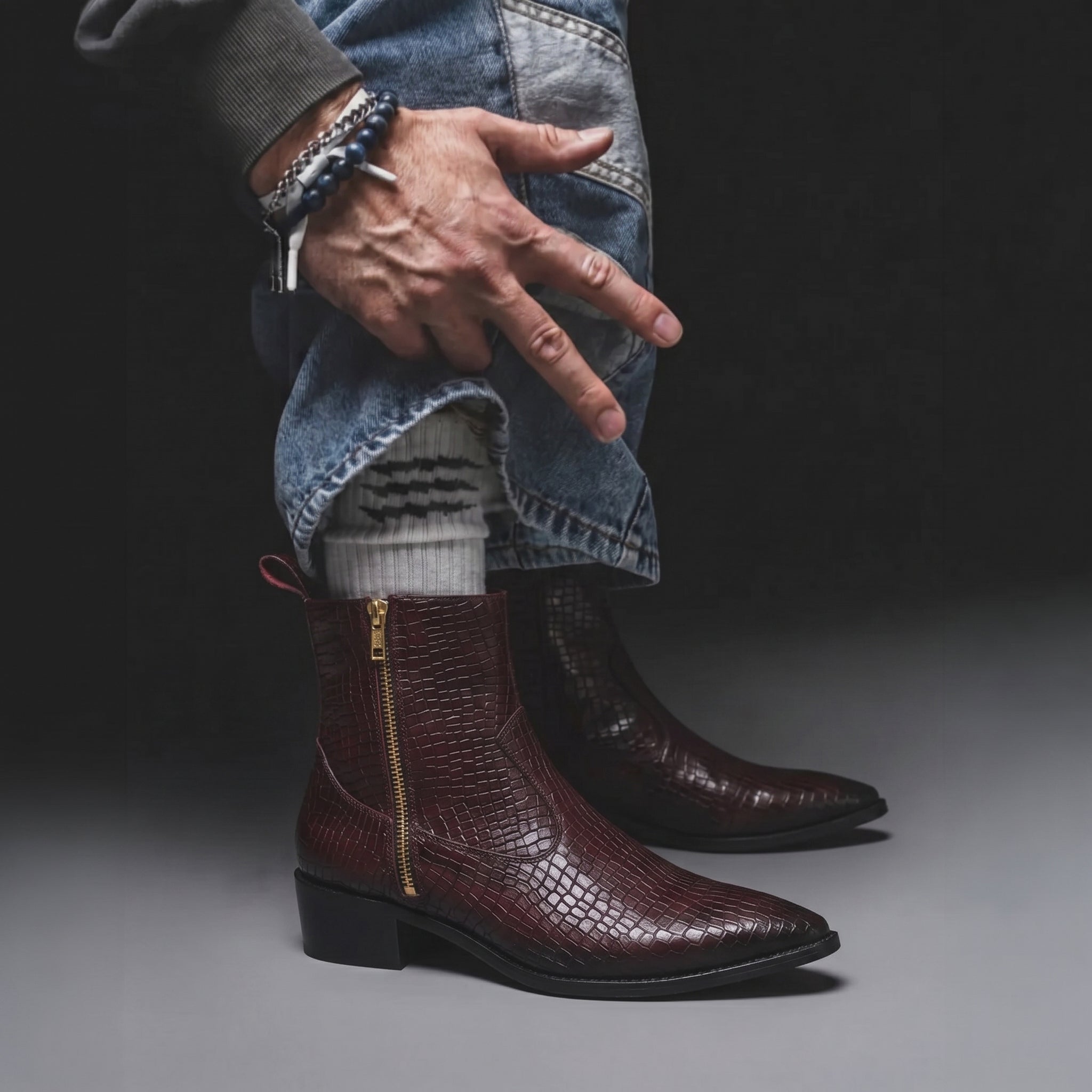 Royal Burgundy Croc Leather Chelsea Boots