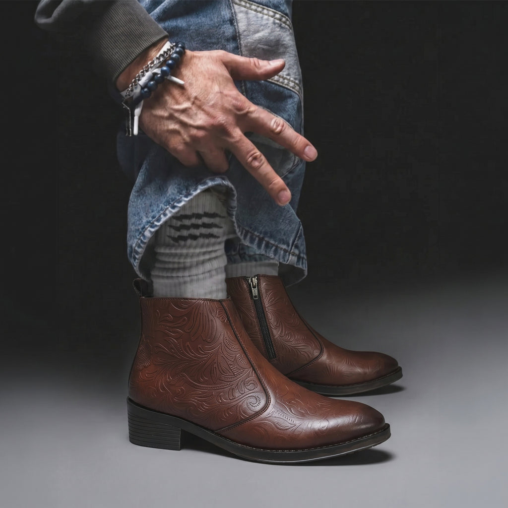 Heritage Tan Embossed Floral Leather Chelsea Boots