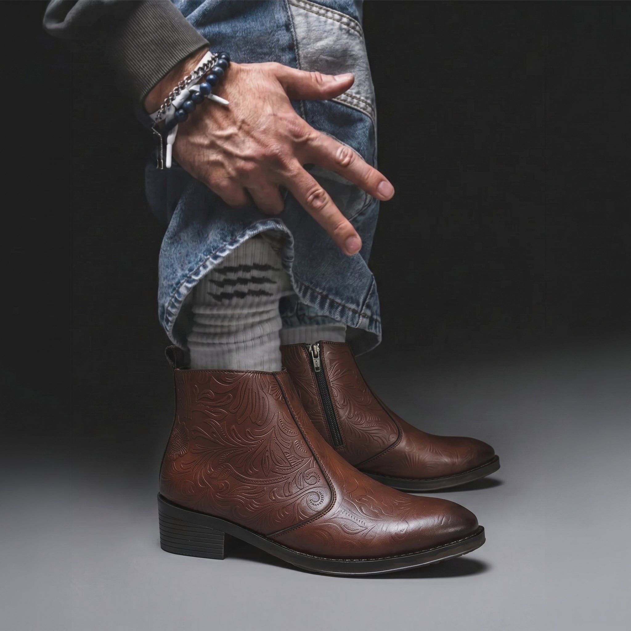 Heritage Tan Embossed Floral Leather Chelsea Boots