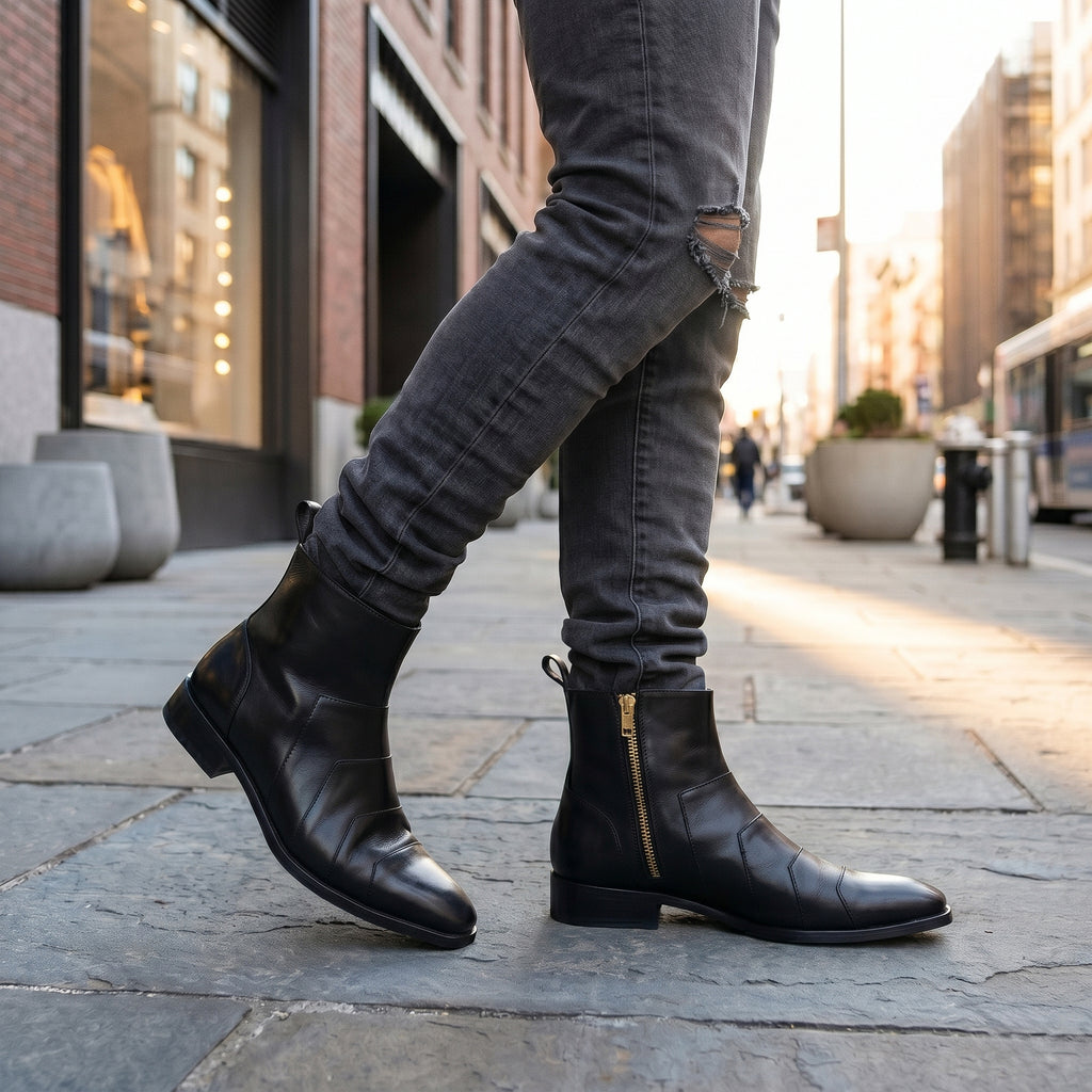 Elite Black Stitched Panel Leather Chelsea Boots