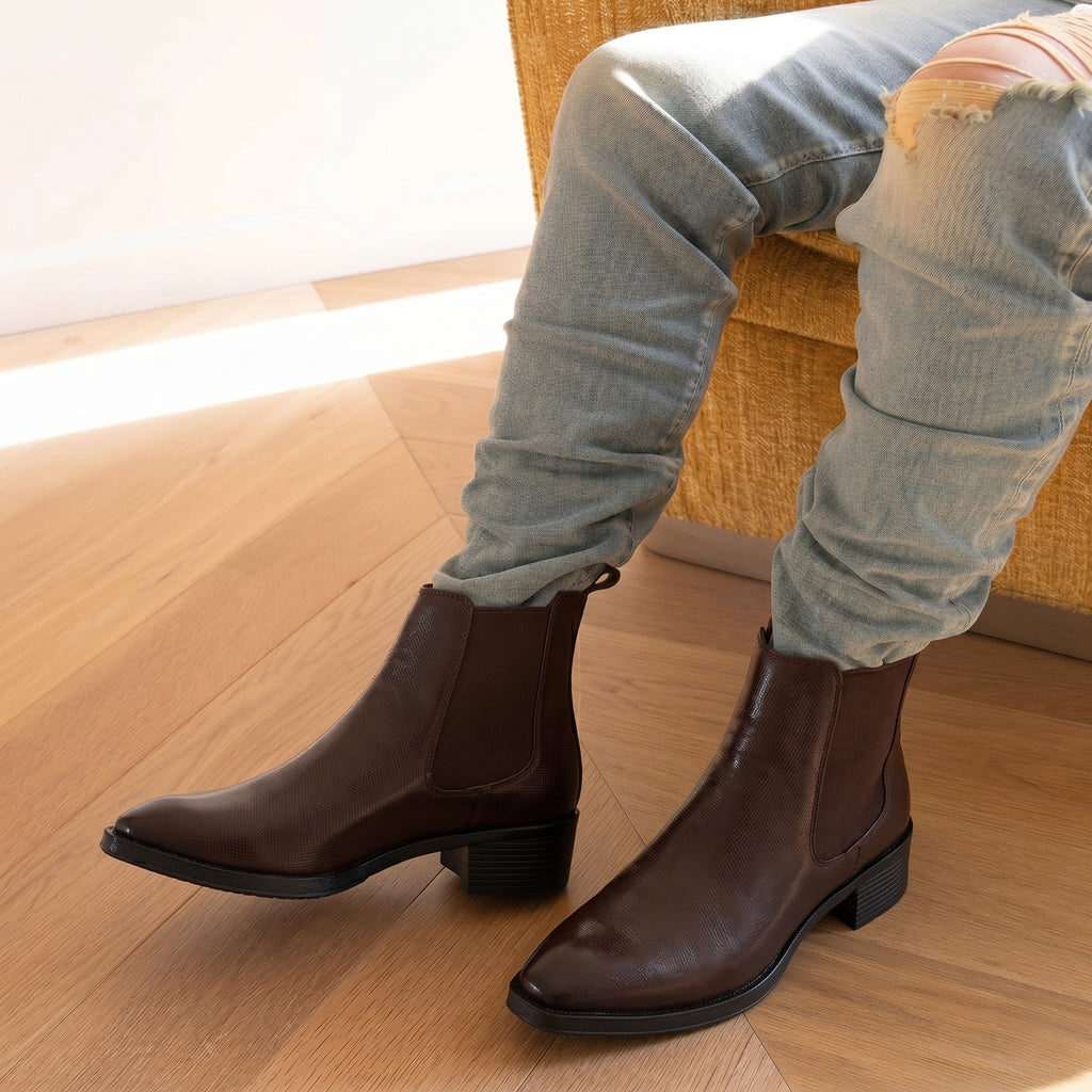 Classic Chocolate Textured Leather Chelsea Boots
