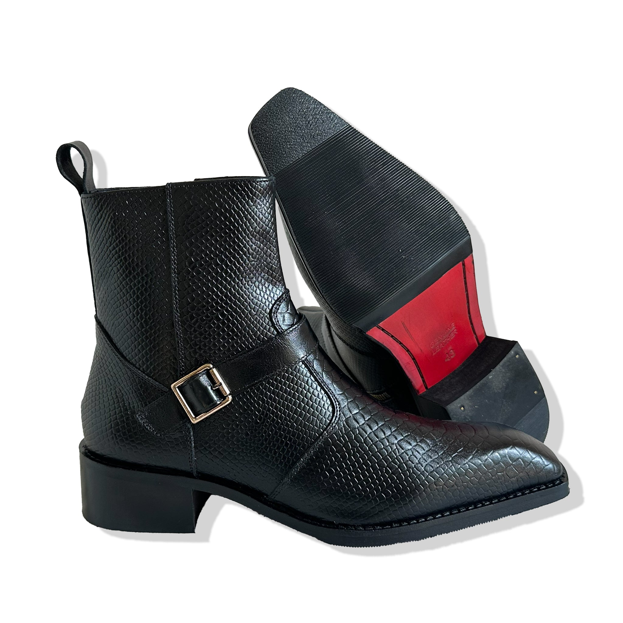 Royal Black Python Buckle Leather Chelsea Boots